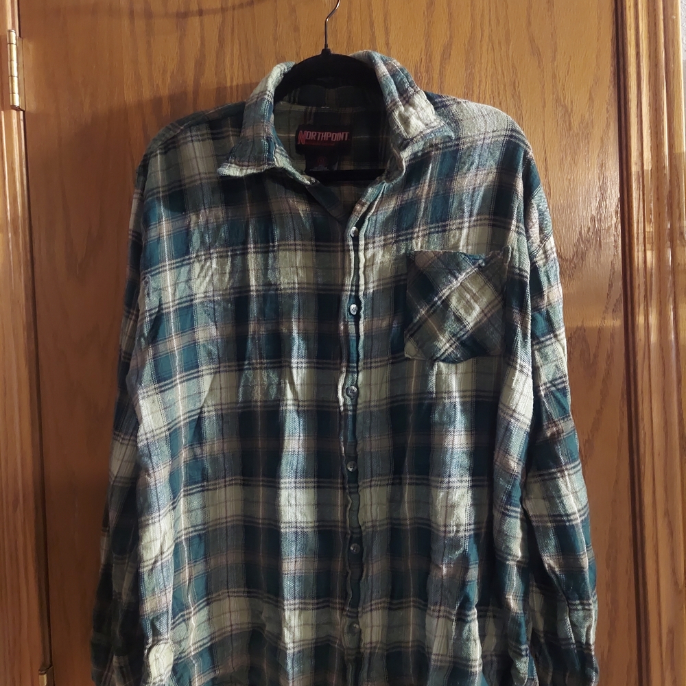 Men's Casual Button Down Plaid Shirt - Green and Blue Flannel